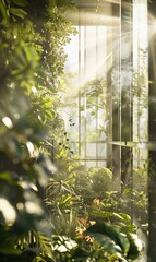 Wall Mural - interior with green plants and garden in modern glass skyscraper office building, nature and contemporary architecture, balance and harmony of environment and human, sustainable ecosystem