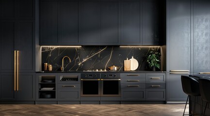 Wall Mural - Dark kitchen interior with charcoal grey cabinetry