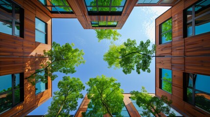 Wall Mural - look up perspective of green trees and plants by modern glass skyscraper office building, nature and contemporary architecture, balance and harmony of environment and human, sustainable ecosystem