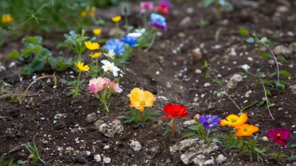 Wall Mural - A patch of dirt transformed into a rainbow of wildflowers all thanks to seed bombs.