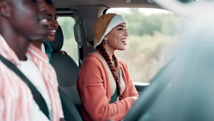 Poster - Group, road trip and car with dance, music and smile for conversation and travel discussion. Friends, diversity and communication for summer adventure, holiday break and outdoor vacation happiness