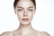 © QuietWord - close up face portrait of young pretty Caucasian woman with bright flawless skin, beauty cosmetic or skincare fashion portrait with copy space isolated on white background,