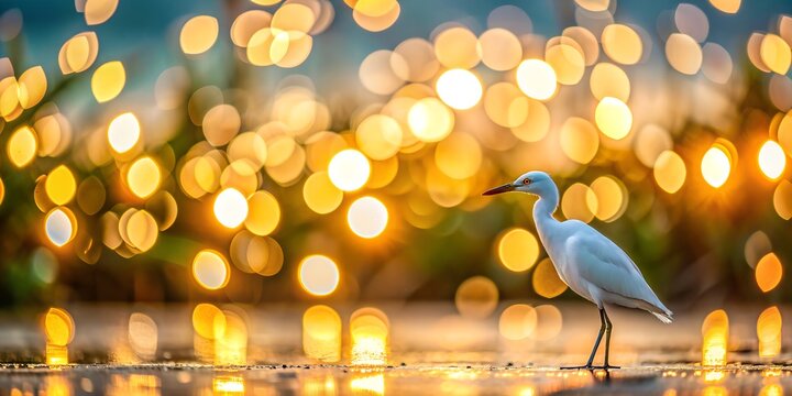 heron at night A heron stands on a golden background, bokeh style, background with shining blurred light, wallpaper,
