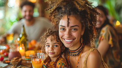 Wall Mural - A woman and a child are smiling at the camera while sitting at a table with food and drinks