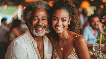 Wall Mural - A man and woman are smiling at the camera. The man is wearing a white shirt and the woman is wearing a gold necklace. They are posing for a picture at a restaurant