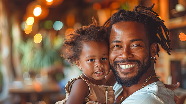 a man and a child are smiling at the camera. the man is holding the child in his arms