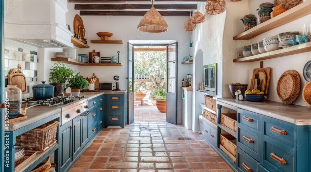 An ethnic kitchen interior embracing a Mediterranean blue and white ...