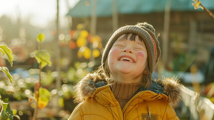 Wall Mural - Down syndrome A young girl wearing a yellow jacket and a brown hat is smiling. She is standing in a garden with plants around her