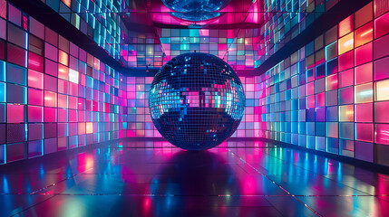 Wall Mural - a large, reflective disco ball positioned at the center of a room. The room itself is adorned with illuminated square floor tiles