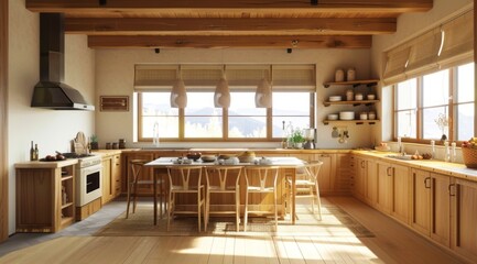 Ethnic kitchen interior with Scandinavian design, light wood finishes, and traditional textiles