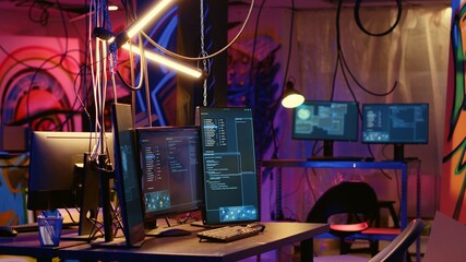 Aufkleber - programming language on pc screens in empty messy hackers base of operations with grunge graffiti dr