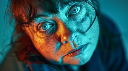 Canvas Print - A woman with Down syndrome, her face covered in vibrant paint, stands against a blue background. The colorful display highlights her uniqueness and creativity.