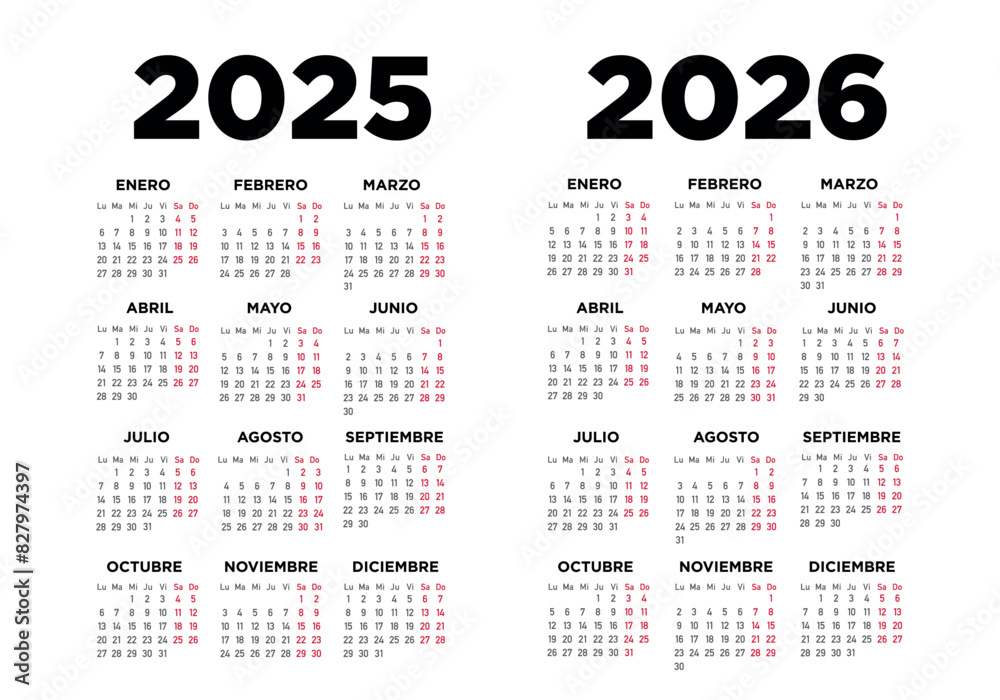 Calendario 2025 2026 en español. Semana comienza el lunes. Sábados y