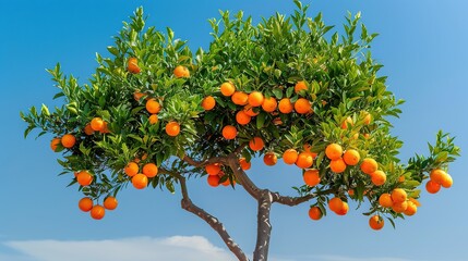 Wall Mural - Orange tree with fruits on blue sky background . Generative Ai