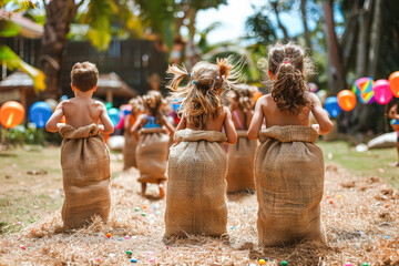 Three children are playing a game in the yard. They are wearing sacks and are standing on a field of hay