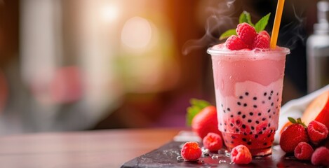 raspberry fruit bubble boba tea banner with copy space