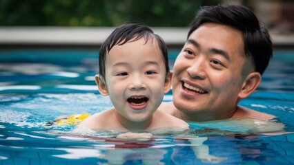 A man and child in a pool smiling at each other, AI