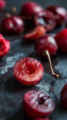 Wall Mural - Delicious pieces of cherry. Food perspective for background, wallpaper, banner. 