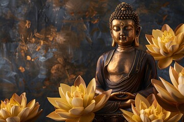 Gold Buddha statue and yellow lotus flowers on empty dark background with copy space, yoga, meditation and relaxation time