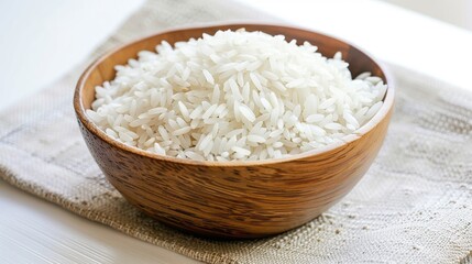 rice in a wooden bowl isolated on white background. Generative Ai