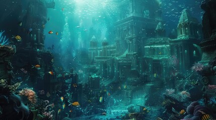 Wall Mural - An underwater city with bioluminescent coral, schools of colorful fish, and ancient ruins, all illuminated by the eerie glow of an underwater volcano