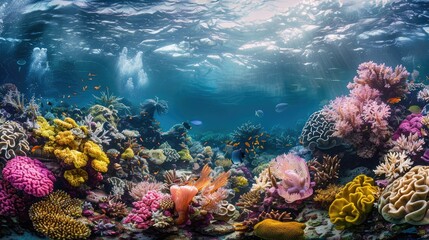 Wall Mural - An underwater coral reef scene, diverse marine life, vivid colors, showcasing the beauty and diversity of ocean life. Underwater photography, coral reef ecosystem, diverse marine life
