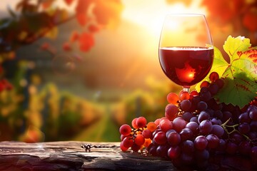 A fresh chilled glass of ice wine overlooking a Canadian vineyard during a Summer sunset