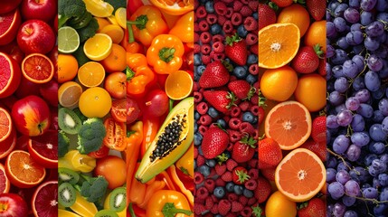 Collage of color fruits and vegetables.