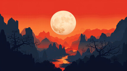 Wall Mural - A large moon is in the sky above a mountain range