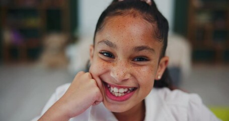 Fototapete - Face, girl and smile in portrait at classroom with pride or proud for school work, progress and activity. Child, confidence and happy or satisfied with education, study and homework competition