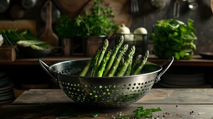 Sticker - Fresh asparagus shot in a cozy rustic kitchen setting. Ideal for food blogs and culinary themes. A beautiful depiction of fresh ingredients. AI