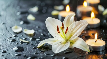 A pair of candles are lit next to a flower