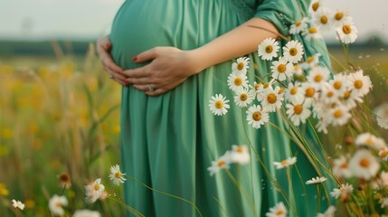 Wall Mural - Closeup on tummy of pregnant woman, wearing long green dress, holding in hands bouquet of daisy flowers outdoors