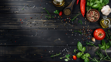 Wall Mural - Black wooden background with various spices and herbswith fresh vegetables, oil bottles, tomato and garlic in a top view, cooking concept banner design 
