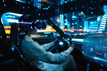 Poster - Serene night drive with a view of calm city streets from the perspective of an autonomous vehicle, emphasizing peaceful urban travel