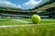 © ink drop - low angle view of a tennis ball on a grass tennis court with stadium in the background