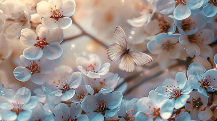 Wall Mural - A macro shot of a cluster of blossoms with a butterfly at its center, surrounded by a fuzzy backdrop