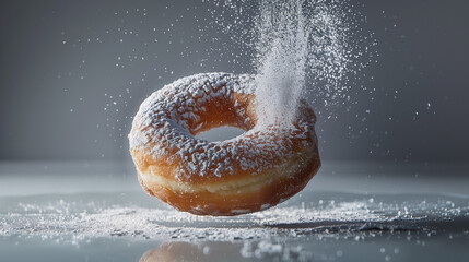 Donut with Powdered Sugar Floating with Dramatic Lighting