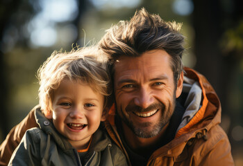 portrait of smiling father parent and son child kid boy. concept of parenting family happ father's d