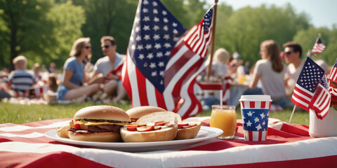 Memorial's day-   A red, white, and blue checkered tablecloth covers a picnic table with a plate of food,  in the shade of American flags waving in the background.