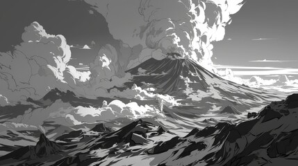 Wall Mural - Before the eruption the volcanoes etched an impressive scene on the landscape The mountain awoke amidst billowing smoke captured in a striking monochrome illustration