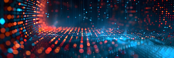 Poster - Digital abstract backdround for technological operations, neural networks, AI, data transmission and encryption, digital archives, audio and visual representations, scientific research. Copy space