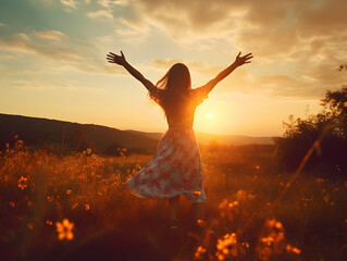 Young woman standing in a meadow feeling happy and free with open arms up to the warm sunlight. Feelings of peace and happiness concept.