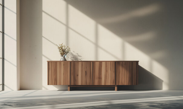 3d rendering, A sideboard made of walnut wood stands against the wall of an empty room, with the rays of sunlight falling on it and creating beautiful shadows while highlighting its elegant lines
