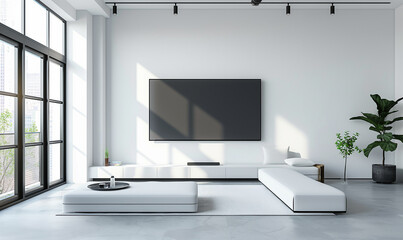 Wall Mural - 3d rendering, Minimalist white interior with super-sized wall-mounted TV
