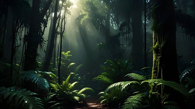 Sunbeams Pierce the Mysterious Rainforest,jungle concept art, fantasy environment background, video game level design, mythical creature illustration, adventure game background