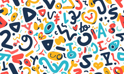 A seamless pattern of colorful doodle letters on a white background in a flat design style using simple shapes, thin lines, and playful