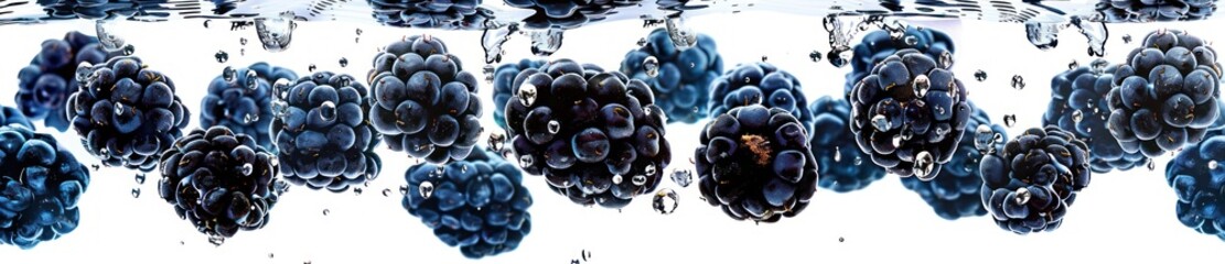 blackberries cascading into water, generating dynamic splashes. fresh fruit vitality concept.