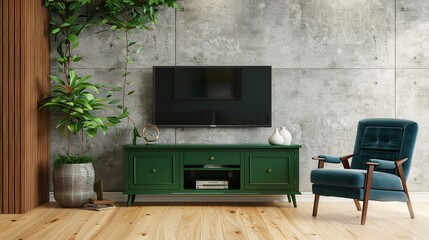 Wall Mural - Green cabinet TV in modern living room with armchair and plant on concrete wall. Generative Ai