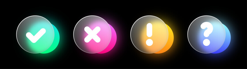Fototapete - Modern checkmark icons set. Isolated glass checkmarks icon on background . Neon check, cross, question, exclamation mark symbols. Creative vector button illustration.